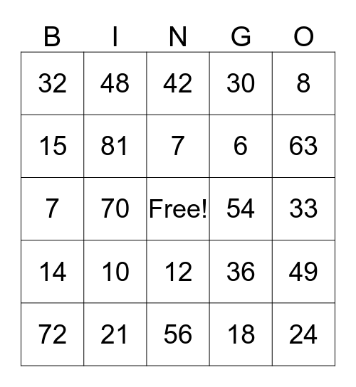 Multiplication BINGO Card