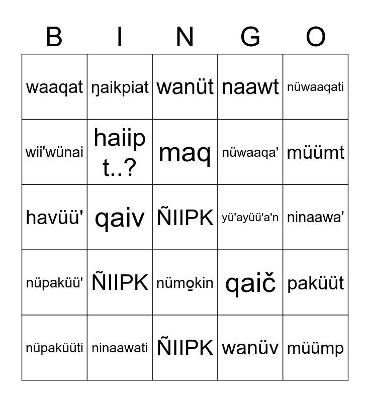 Clothing & Locations Bingo Card