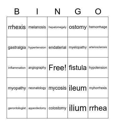 Medical Terminology Bingo Card