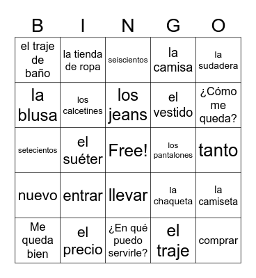 Realidades 1 7A Bingo Card