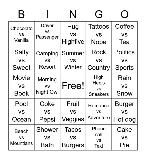 MY FAVORITE THINGS Bingo Card