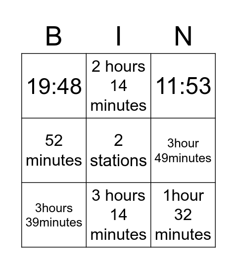 Transport Time-tables Bingo Card