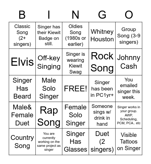 Project Controls - Karaoke Bingo - please include singer name and song in marked boxes to win! Bingo Card