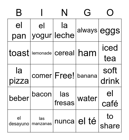 Spanish Vocab Bingo Card