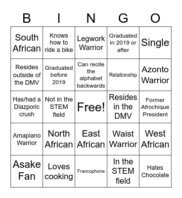 AfroChique Mentorship Speed-Dating Bingo Card