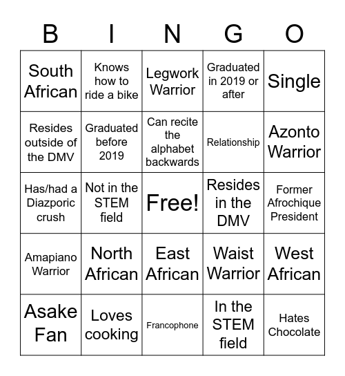 AfroChique Mentorship Speed-Dating Bingo Card