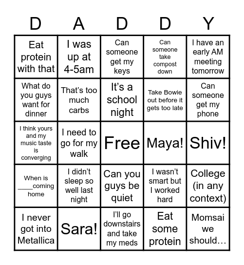 Daddy Bingo Card