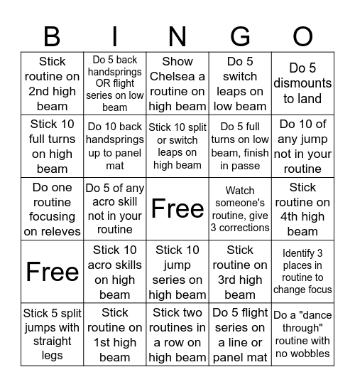 Gymnastics Bingo Card