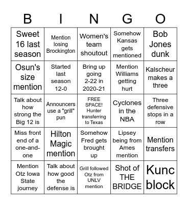 2022-23 Cyclone Bingo Card