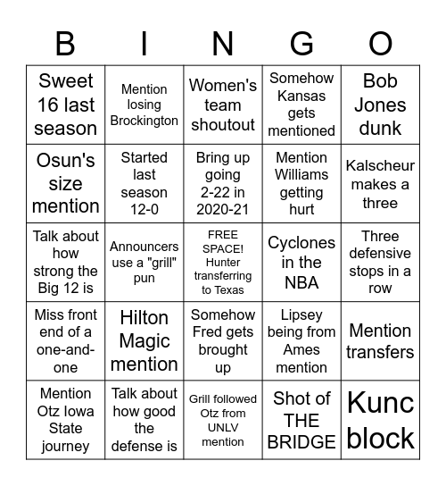 2022-23 Cyclone Bingo Card