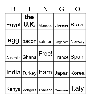 Ingredients and Country Names Bingo Card