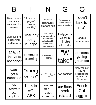 Mom's House VC Bingo Card