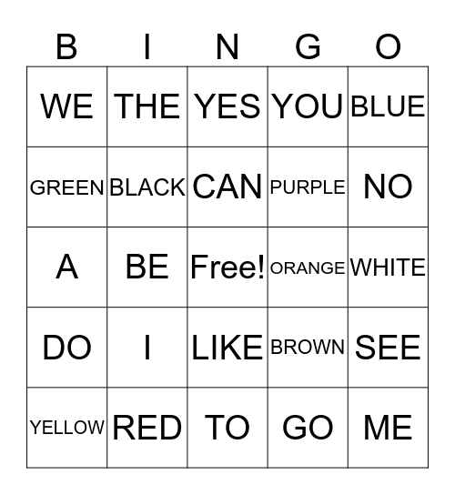 High frequency word Bingo Card