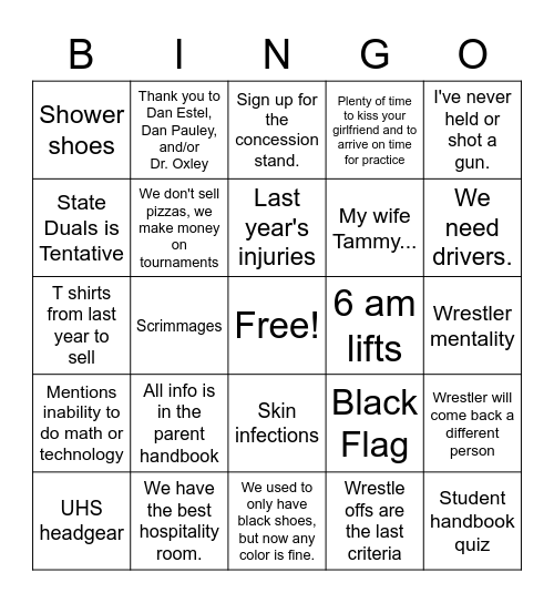 UHS Wrestling Meeting Bingo Card