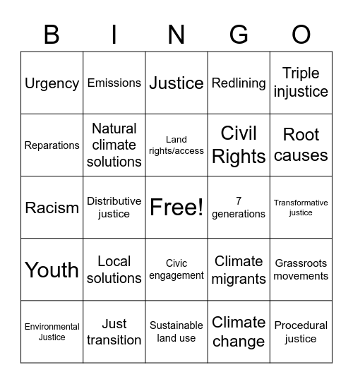 Climate Justice Bingo Card