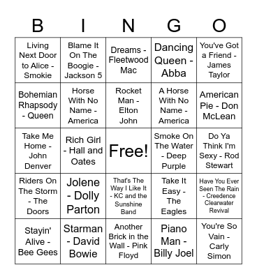 70's Music Bingo Card