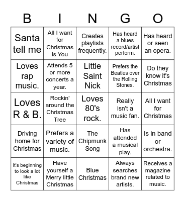 Christmas Music BINGO Card