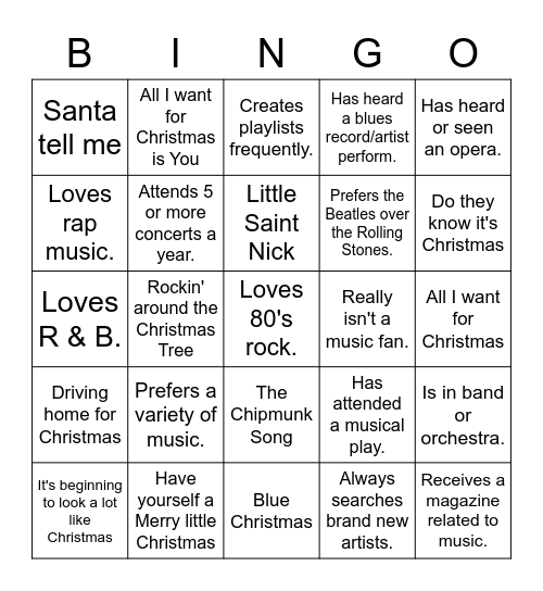 Christmas Music BINGO Card