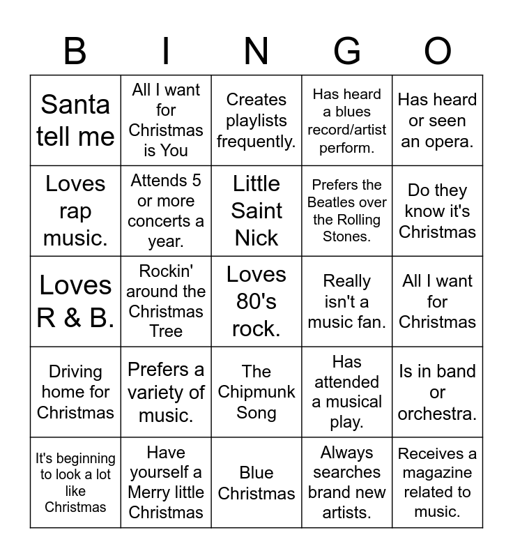 Christmas Music BINGO Card