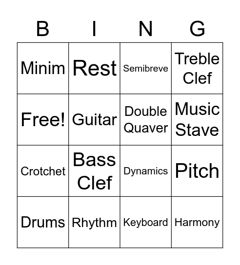 Music Words Bingo Card