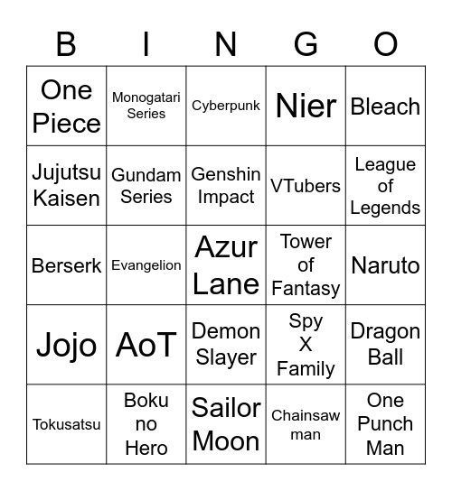 Cosplays Bingo Card