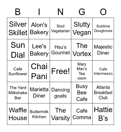 Restaurant Bingo! Bingo Card