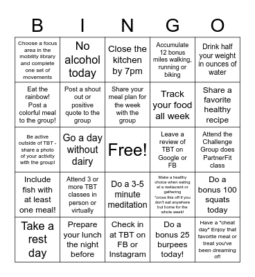 8 Week Transformation Challenge Bingo Card