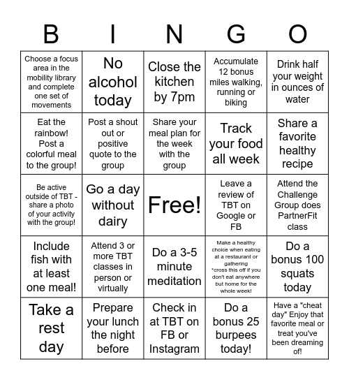 8 Week Transformation Challenge Bingo Card