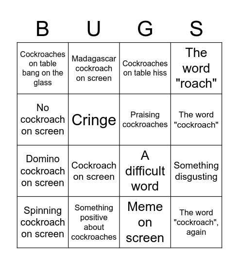 Cockroach bingo Card