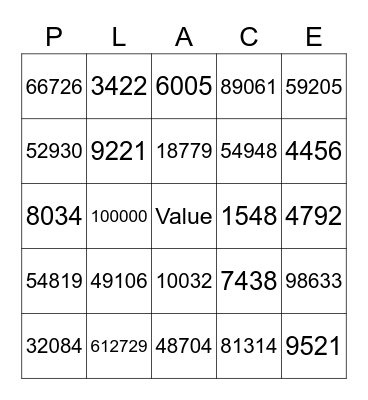 Place Value Bingo Card