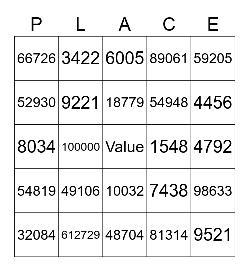 Place Value Bingo Card