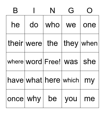 Heart Word Bingo Card