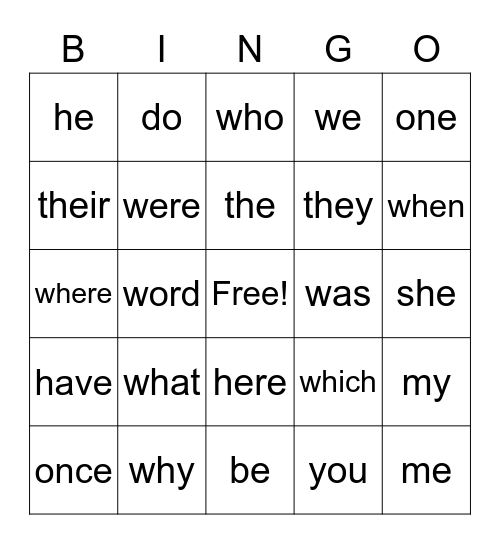 Heart Word Bingo Card