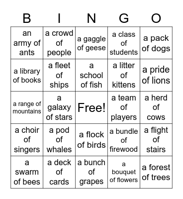 Collective Nouns Bingo Card