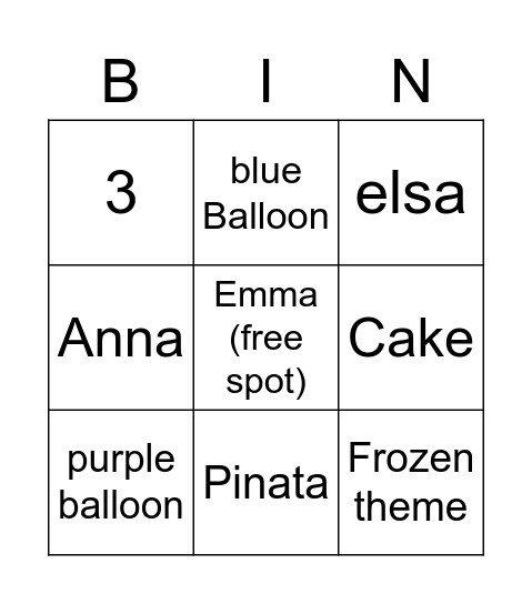 Emma 3rd birthday party Bingo Card