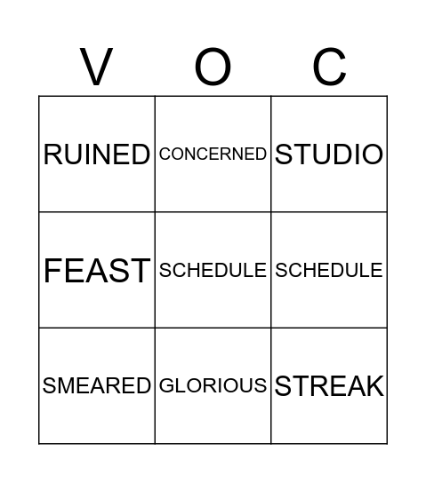VOCAB Bingo Card