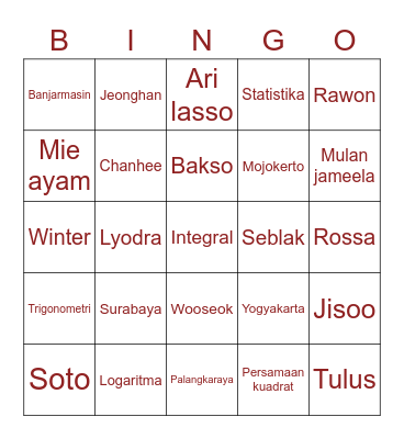 Punya Ucokie Bingo Card