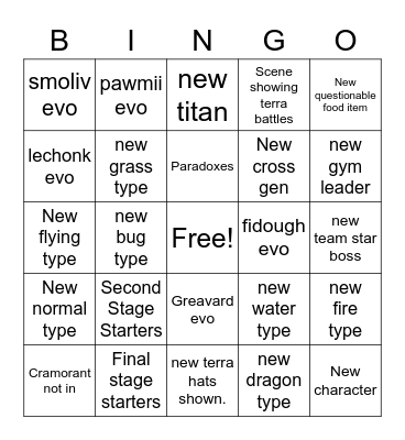 Pokemon SV trailer Bingo Card