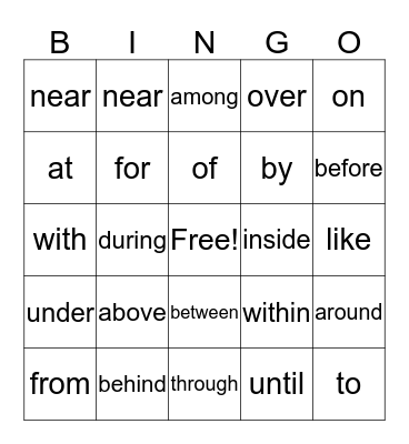 Prepositions Bingo Card