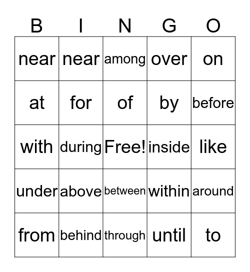 Prepositions Bingo Card