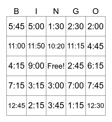 Telling time Bingo Card
