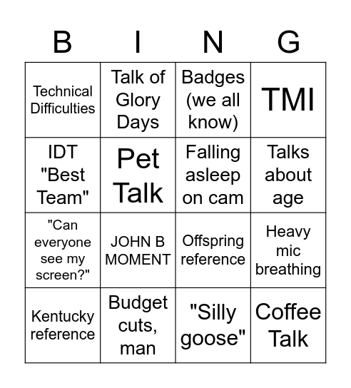 IDT Training Week Bingo Card