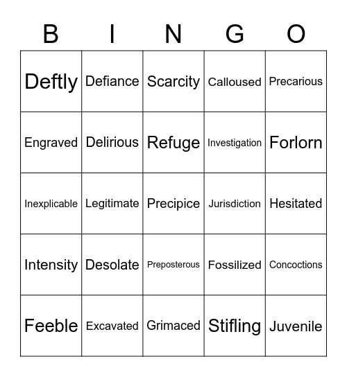 Holes Vocabulary Bingo Card