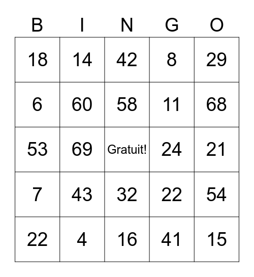 Les nombres 1 à 60 Bingo Card