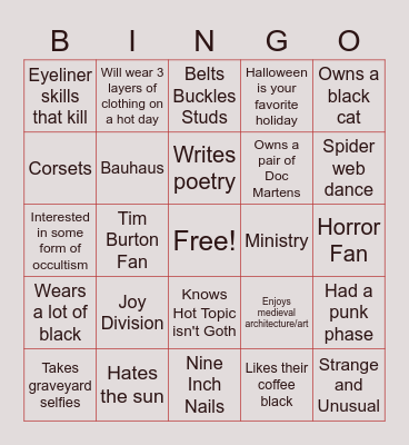 Goth Bingo Card