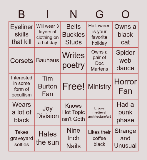 Goth Bingo Card