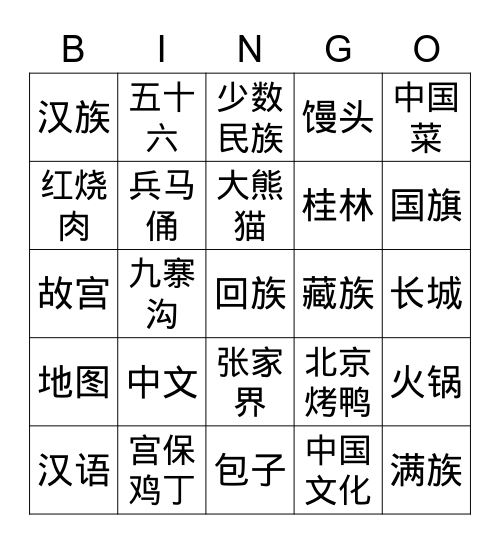 AP 中国文化 Bingo Card