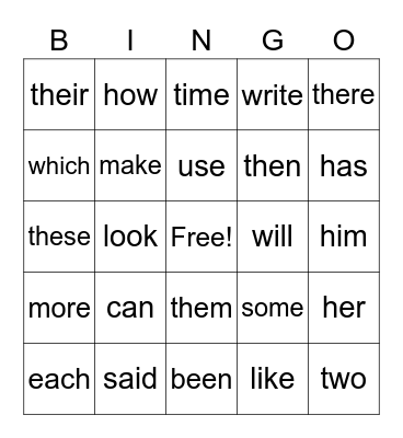 Sight Words Bingo Card