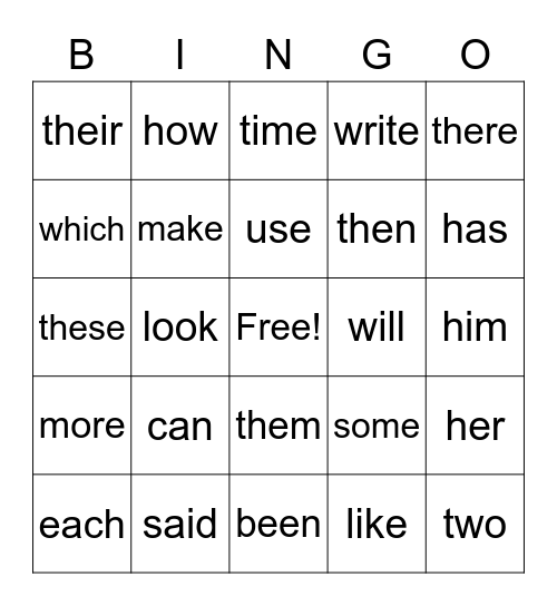Sight Words Bingo Card