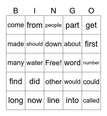 Sight Words Bingo Card